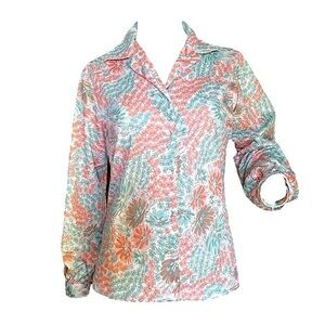 VINTAGE Montgomery Ward Blouse Pink Blue White Floral Long Sleeve Womens